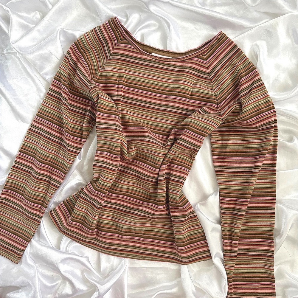 Charter Club Women Brown Pink Striped Ribbed Long Sleeve Cotton Top Large